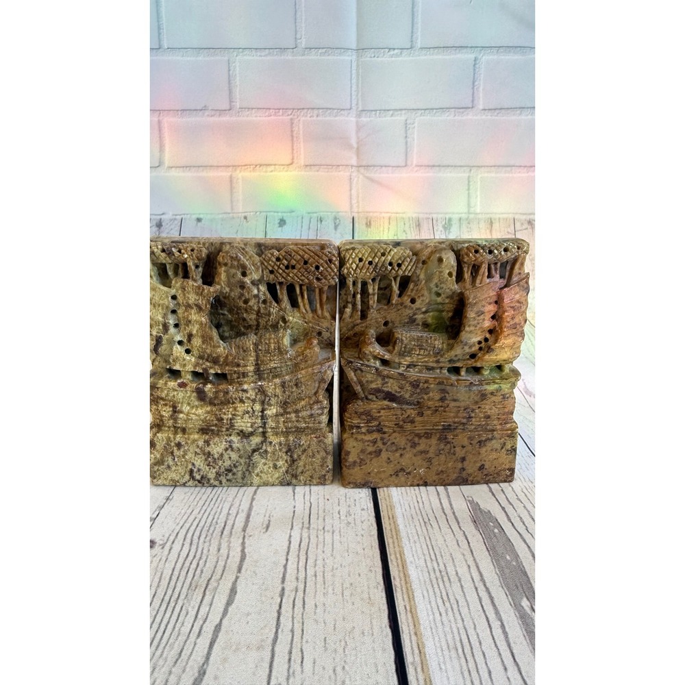 Vintage Hand Carved Soapstone Junk Boat Bookends Asian Art Decor Set of 2